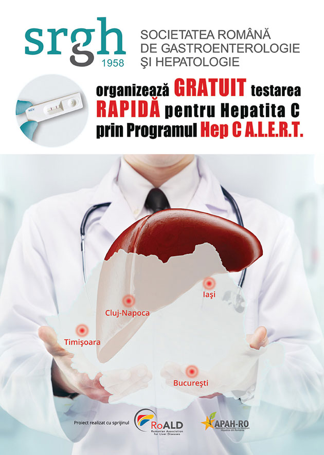 Societatea Romana de Gastroenterologie si Hepatologie organizeaza gratuit testarea rapida pentru Hepatita C prin Programul Hep C A.L.E.R.T.