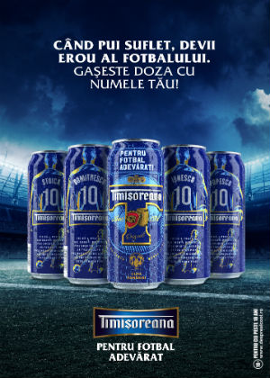 Eroii adevarati inspira fotbalul adevarat! Timisoreana lanseaza o editie limitata de cutii de bere inscriptionate cu 120 dintre cele mai populare nume de familie din Romania