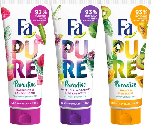 Grija pentru piele si pentru mediul inconjurator. Fa Pure Paradise, prima gama Fa cu 93%* ingrediente de origine naturala, avand ambalaj reciclabil