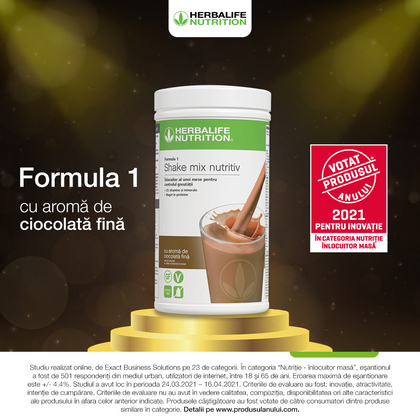 Shake-ul inlocuitor de masa Herbalife Nutrition Formula 1 cu aroma de ciocolata fina a castigat premiul "Votat Produsul Anului 2021"