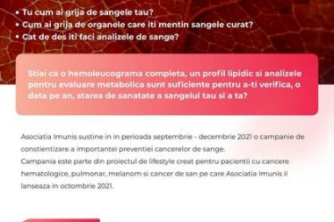 Asociatia Imunis a lansat in luna septembrie o campanie de constientizare a preventiei cancerelor de sange, prin schimbarea stilului de viata
