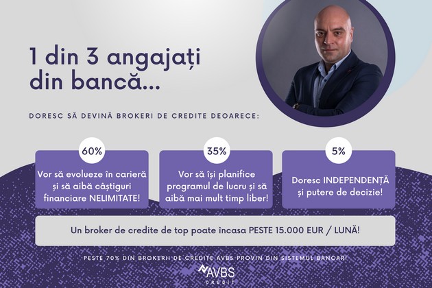 Analiza AVBS Credit: 1 din 3 angajati din sistemul bancar ar accesa o franciza in domeniul brokerajului bancar - Aproximativ 30% dintre angajatii din sistemul bancar doresc sa avanseze in cariera si se reorienteaza profesional -