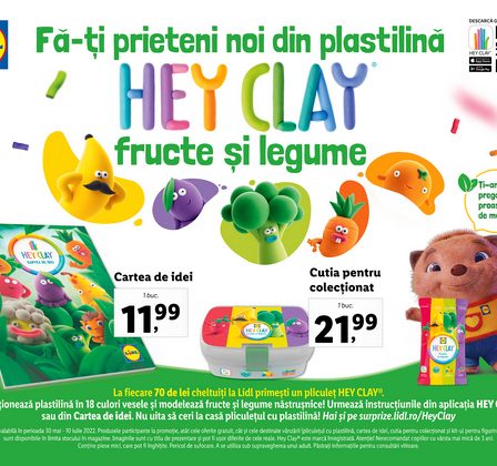Lidl Romania lanseaza o noua colectie de 18 culori din plastilina Hey Clay, prin care copiii pot modela noi personaje inspirate din fructe si legume