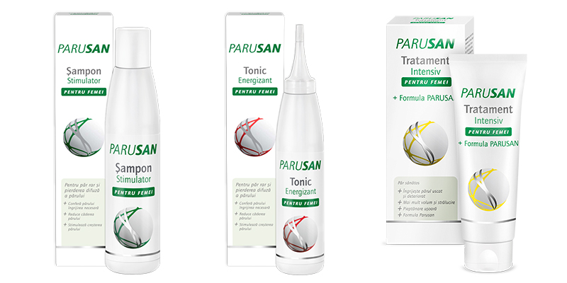 3 produse din gama PARUSAN® impotriva pierderii difuze a parului