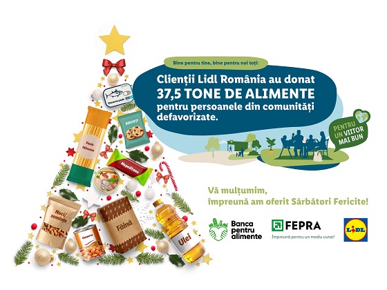 37,5 tone de alimente au fost donate de catre clientii Lidl in luna decembrie, in cadrul colectei organizate de Lidl Romania in parteneriat cu Reteaua Nationala a Bancilor pentru Alimente