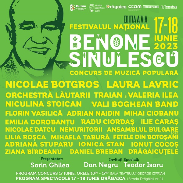 Festivalul National Concurs de Muzica Populara "Benone Sinulescu", editia a cincea, va avea loc pe 17 si 18 iunie, la Targul Dragaica din Buzau