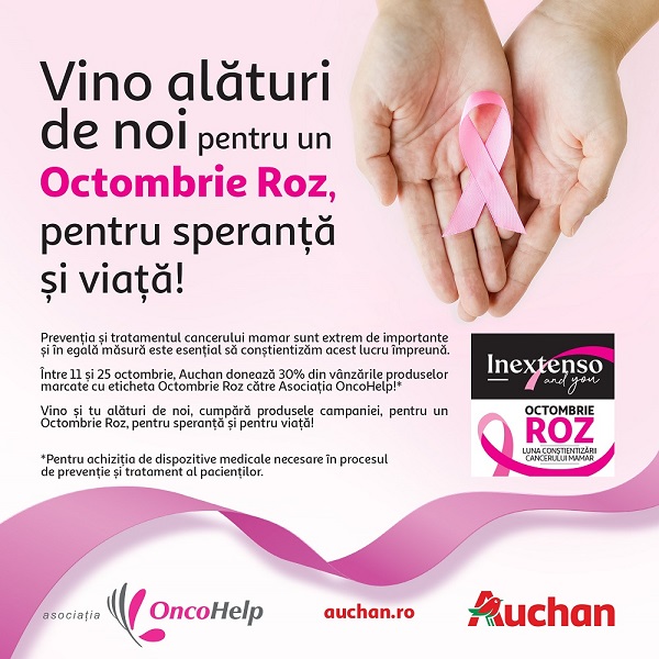 Auchan doneaza 30% din vanzarile produselor textile marcate cu eticheta Octombrie Roz catre Asociatia OncoHelp