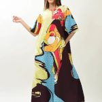 Rochie de vara lunga cu buzunare maneci scurte clopot si imprimeu pictat Divine Multicolor