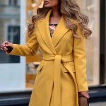 Palton dama elegant de iarna peste genunchi din stofa cu cordon Fiona Camel