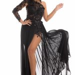 Rochie de seara eleganta in clos midi din tafta cu flori 3D Neagra
